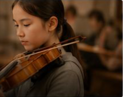 Student playing violin during a private lesson